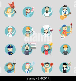 Badges avec avatars de différentes professions avec musiciens arts martiaux médecin ouvrier de construction chef artiste policier professeur cleaner Illustration de Vecteur