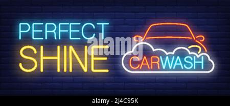 Brillance parfaite, texte néon carwash avec voiture et mousse. Transport et station de lavage de voiture ou concept de service. Panneau néons lumineux de nuit, panneau d'affichage coloré, lig Illustration de Vecteur