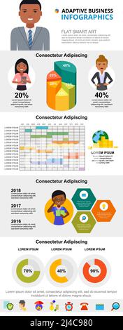 Ensemble de graphiques infographiques de concept de planification ou d'analyse. Calendrier des activités, graphiques en anneaux et circulaires pour les modèles de diapositives de présentation. Pour le rapport d'entreprise, Illustration de Vecteur