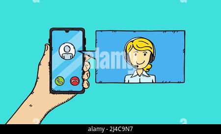 Illustration vectorielle colorée de style dessin animé représentant un téléphone portable et une bulle de discours avec une femme du service clientèle. Illustration de Vecteur
