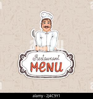 Illustration du dessin du menu du restaurant du Chef tenant Spoon pour la couverture Ou Publicité Illustration de Vecteur