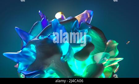 3D rendu de l'art abstrait surréaliste élégant de forme sphérique avec des courbes alien et des formes avec vert bleu cyan nature transparent mat brillant c Banque D'Images
