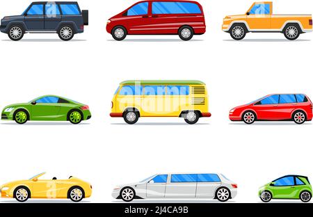 Icônes de voiture vectorielles de style plat. Jeep et cabrio, limousine et berline, camionnette et berline Illustration de Vecteur