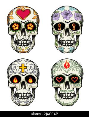Crânes vectoriels avec fleurs pour le jour des morts Illustration de Vecteur