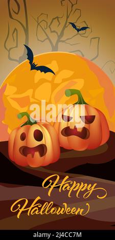 Joyeux Halloween lettrage avec lune d'orange et citrouilles. Invitation ou conception publicitaire. Texte manuscrit, calligraphie. Pour dépliants, brochures, inv Illustration de Vecteur