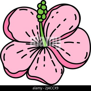 Une icône simple d'une fleur d'hibiscus tropical. Un dessin d'une fleur lumineuse dessiné à la main dans un style de caniche. Tropiques. Hibiscus rose. Illustration de vecteur isolé Illustration de Vecteur