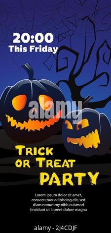 Trick or Treat Party ce texte du vendredi. Citrouilles, toile d'araignée, arbre sur fond bleu. Invitation à un événement de vacances. Concept Halloween. L'illustration vectorielle peut le faire Illustration de Vecteur