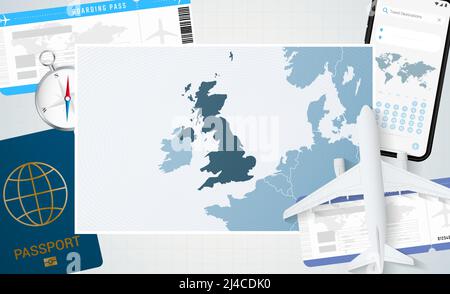 Voyage au Royaume-Uni, illustration avec une carte du Royaume-Uni. Arrière-plan avec avion, téléphone cellulaire, passeport, boussole et billets. Maquette de vecteur Illustration de Vecteur