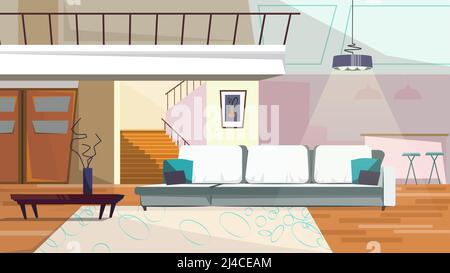 Salon confortable avec illustration vectorielle de mobilier. Canapé moderne, table basse avec vase, lustre suspendu et escalier dans la chambre. Intérieur du bacille Illustration de Vecteur