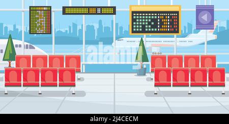 Illustration vectorielle de l'aéroport avec tableaux de départ de vol. Salle d'attente moderne avec rangées de chaises et fenêtres panoramiques. Illustration de l'intérieur Illustration de Vecteur