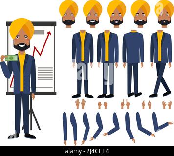 Icônes plates ensemble de vues, poses et émotions des hommes d'affaires indiens. Collection d'expressions du visage. Concept homme d'affaires. L'illustration vectorielle peut être utilisée Illustration de Vecteur
