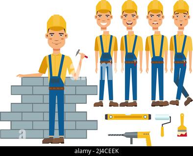 Le travailleur de la construction bâtiment mur caractère ensemble avec différentes poses, émotions, gestes. Partie du corps, foret, rouleau, spatule. Peut être utilisé pour les rubriques Illustration de Vecteur