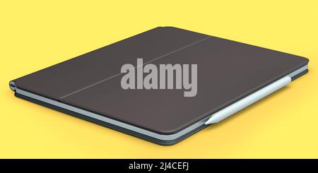 Tablette d'ordinateur avec housse marron et crayon isolés sur fond jaune.Le concept de rendu 3D de l'équipement de créateur et compact worksp Banque D'Images