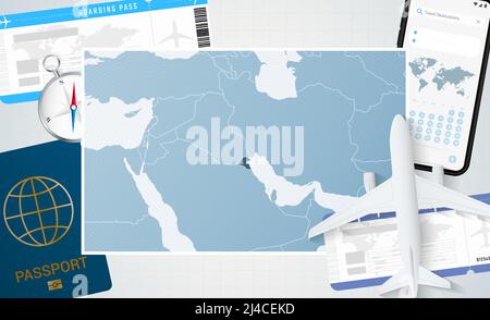 Voyage au Koweït, illustration avec une carte du Koweït. Arrière-plan avec avion, téléphone cellulaire, passeport, boussole et billets. Maquette vectorielle. Illustration de Vecteur