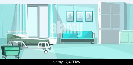 Illustration d'une chambre d'hôpital avec lit sur roues. Bleu salle privée un clinique avec canapé confortable, photos sur le mur et commode. Salle du patient i Illustration de Vecteur