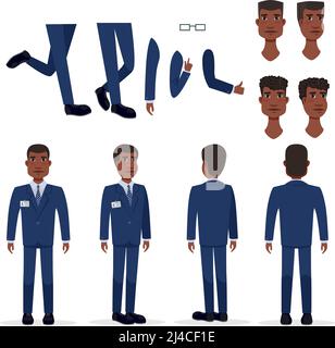 Ensemble d'icônes plates de noir homme d'affaires. Collection de vues, poses et coiffures. Concept homme d'affaires. L'illustration vectorielle peut être utilisée pour des sujets comme bu Illustration de Vecteur