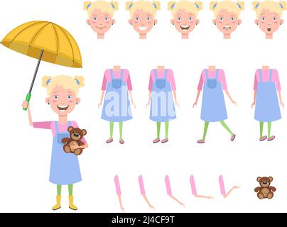 Bonne petite fille avec l'ours en peluche sous le parapluie jeu de caractères avec différentes poses, émotions, gestes. Parties du corps, ours jouet. Peut être utilisé pour topi Illustration de Vecteur