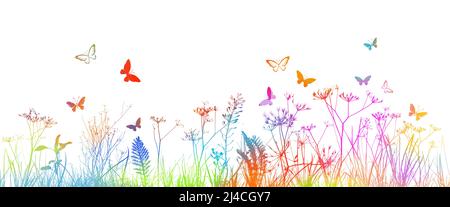 Herbe colorée avec papillons. Illustration vectorielle. Arrière-plan abstrait à motif floral coloré Illustration de Vecteur
