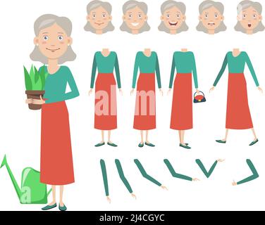 Jolie grand-mère avec le jeu de caractères de plante en pot avec différentes poses, émotions, gestes. Parties du corps, arrosoir, sac. Peut être utilisé pour les rubriques Illustration de Vecteur