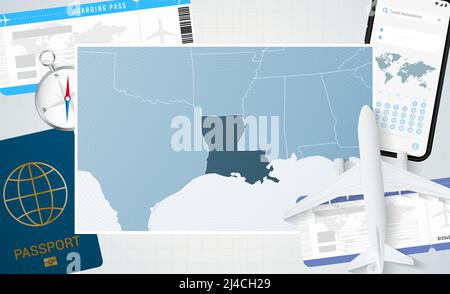 Voyage en Louisiane, illustration avec une carte de la Louisiane. Arrière-plan avec avion, téléphone cellulaire, passeport, boussole et billets. Maquette vectorielle. Illustration de Vecteur