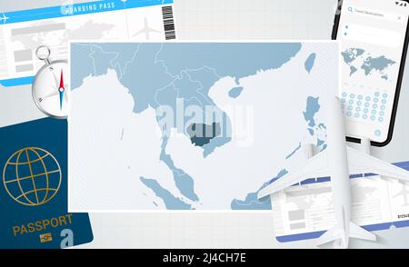 Voyage au Cambodge, illustration avec une carte du Cambodge. Arrière-plan avec avion, téléphone cellulaire, passeport, boussole et billets. Maquette vectorielle. Illustration de Vecteur