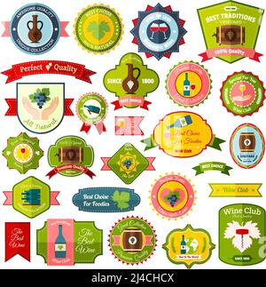 Rubans et emblèmes d'étiquette de vin, ensemble de couleur plate et isolé illustration vectorielle Illustration de Vecteur
