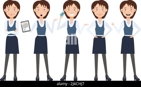 Jeu de personnages de femme d'affaires multitâche avec différentes poses, émotions, gestes. Constructeur d'animation : parler au téléphone, choqué du contrat. CAN Illustration de Vecteur