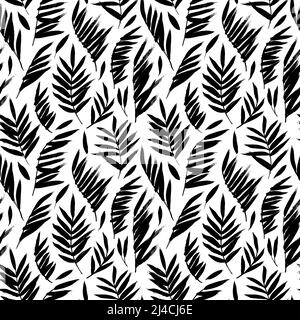 Motif tropical sans couture avec feuilles de palmier noires. Illustration de Vecteur