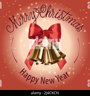 Joyeux Noël, bonne année avec des cloches. Carte de vœux de Noël. Texte manuscrit et dactylographié, calligraphie. Pour les dépliants, les brochures, l'invit Illustration de Vecteur