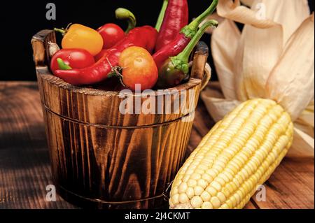 Épis de maïs avec piments et tomates légumes frais nourriture naturelle dans seau en bois, bio Banque D'Images