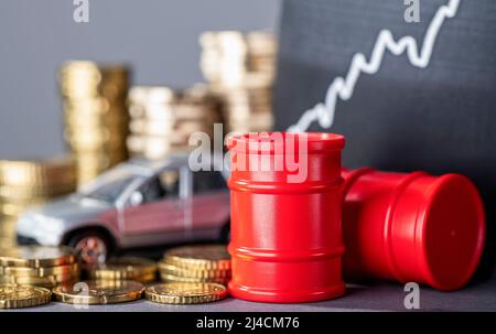 Barils rouges et voiture, piles d'argent et une courbe montante symbolisant les prix très élevés du carburant Banque D'Images