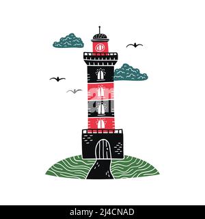 Illustration vectorielle d'un phare sur une colline. Illustration de Vecteur