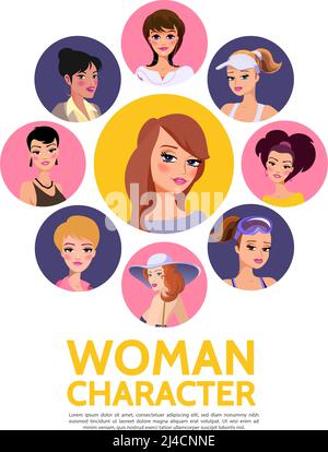 Femme plat personnages avatars concept avec différentes coiffures et mode style pour diverses situations dans des cercles colorés vecteur isolé illustrati Illustration de Vecteur