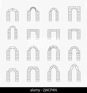 Icônes noires de la silhouette de l'arche vectorielle. Ligne et extérieur, pierre ancienne, colonne architecturale Illustration de Vecteur