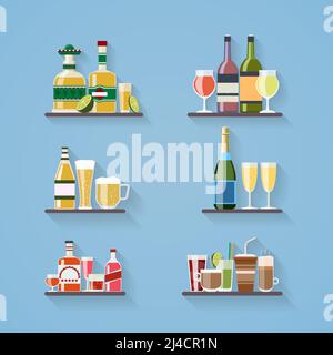 Survolez ou boit des icônes plates sur le plateau du bar. Boissons et spiritueux, design, vin et jus, bouteille de champagne et bière. Illustration vectorielle Illustration de Vecteur