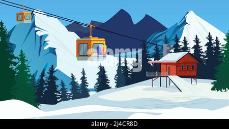 Paysage d'hiver avec station de téléphérique et téléphériques de ski. Illustration vectorielle de la scène de campagne enneigée. Concept de station de ski. Pour les sites Web, fonds d'écran, poste Illustration de Vecteur