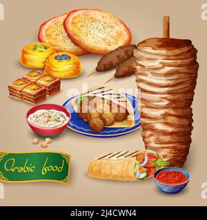 Set de nourriture arabe avec shawarma kebab hummus et paita dessin animé illustration vectorielle Illustration de Vecteur