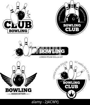 Ensemble d'étiquettes, d'emblèmes et de badges vectoriels de bowling. Jeu de club, jeu de quilles et de grève Illustration de Vecteur