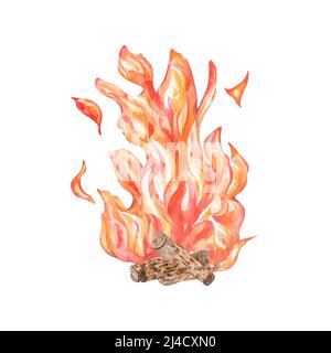 Illustration d'aquarelle de flamme. Rouge, feu jaune, feu de joie tiré à la main isolé. Symbole latino-américain des vacances de Festa junina. Peint sur fond blanc Banque D'Images