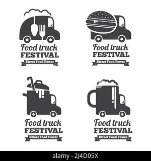 Logos, emblèmes et badges pour camions alimentaires Vector. Emblème de l'étiquette, illustration du restaurant et de la voiture de café Illustration de Vecteur