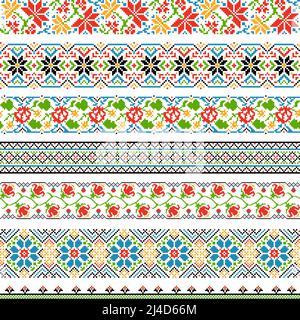 Frontières nationales ethniques ukrainiennes motifs sans couture pour le point de broderie. Style de point de croix graphique, motif de décoration florale traditionnel. Vecteur illust Illustration de Vecteur