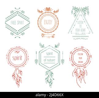Ensemble d'étiquettes boxer tribales boho. Ornement vintage symbole élément, décoration dessin collection, illustration vectorielle Illustration de Vecteur