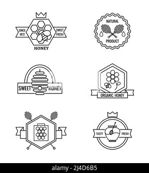 Badges vectoriels, étiquettes et logo apicoles. Nourriture douce, insecte et cellule, nid d'abeille et fleur, illustration vectorielle Illustration de Vecteur