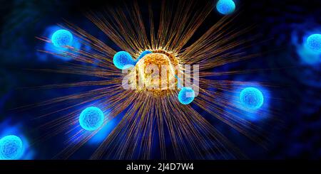 Cellules de lymphocytes dans le système immunitaire réagissant et attaquant une cellule de cancer se propageant - 3D illustration Banque D'Images