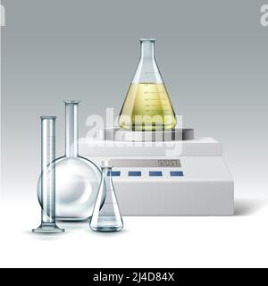 Ensemble vectoriel de tubes à essai de laboratoire de produits chimiques en verre transparent, vides et pleins de flacons liquides jaunes avec balance électronique isolée sur fond Illustration de Vecteur