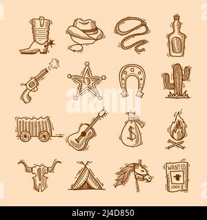 Ensemble de cow-boys sauvages dessinés à la main avec badge shérif de selle illustration du vecteur isolé horseshoe Illustration de Vecteur