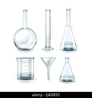 Ensemble vectoriel de flacons de laboratoire de produits chimiques en verre transparent vides, entonnoir et tube à essai isolés en arrière-plan Illustration de Vecteur