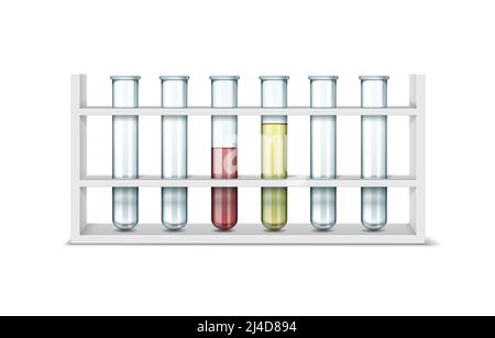 Ensemble vectoriel de tubes à essai en verre transparent de laboratoire avec liquide rouge et jaune isolé sur fond blanc Illustration de Vecteur