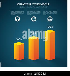 Infographies de graphique commercial avec colonnes 3d orange trois icônes d'options et pourcentage de taux illustration de vecteur isolé Illustration de Vecteur