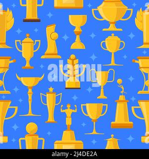Récompenses et coupes pour avoir remporté un concours sur fond bleu illustration vectorielle isolée plate sans couture Illustration de Vecteur